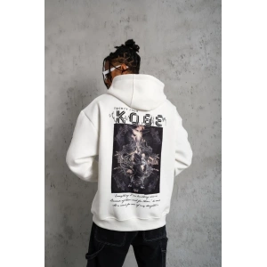 Erkek 3 İplik Pamuklu Kapüşonlu Baskılı Cepli Oversize Sweatshirt Hoodie - Beyaz