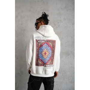 Erkek 3 İplik Pamuklu Kapüşonlu Baskılı Cepli Oversize Sweatshirt Hoodie - Beyaz