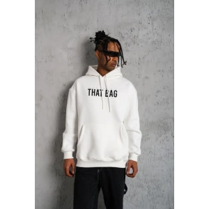 Erkek 3 İplik Pamuklu Kapüşonlu Baskılı Cepli Oversize Sweatshirt Hoodie - Beyaz