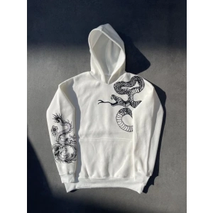 Erkek 3 İplik Pamuklu Kapüşonlu Baskılı Cepli Oversize Sweatshirt Hoodie - Beyaz