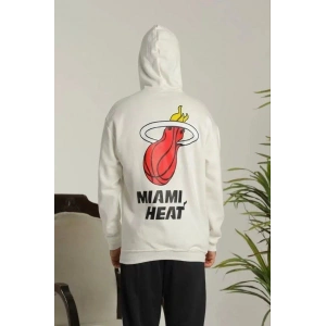 Erkek 3 İplik Pamuklu Kapüşonlu Baskılı Cepli Oversize Sweatshirt Hoodie - Beyaz