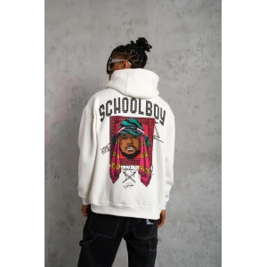 Erkek 3 İplik Pamuklu Kapüşonlu Baskılı Cepli Oversize Sweatshirt Hoodie - Beyaz
