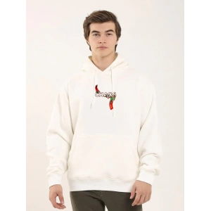Erkek 3 İplik Pamuklu Kapüşonlu Baskılı Cepli Oversize Sweatshirt Hoodie - Beyaz