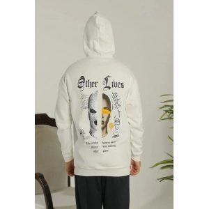 Erkek 3 İplik Pamuklu Kapüşonlu Baskılı Cepli Oversize Sweatshirt Hoodie - Beyaz