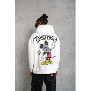 Erkek 3 İplik Pamuklu Kapüşonlu Baskılı Cepli Oversize Sweatshirt Hoodie - Beyaz