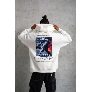 Erkek 3 İplik Pamuklu Kapüşonlu Baskılı Cepli Oversize Sweatshirt Hoodie - Beyaz