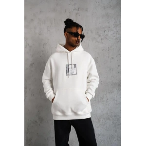 Erkek 3 İplik Pamuklu Kapüşonlu Baskılı Cepli Oversize Sweatshirt Hoodie - Beyaz