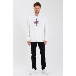 Erkek 3 İplik Pamuklu Kapüşonlu Baskılı Cepli Oversize Sweatshirt Hoodie - Beyaz