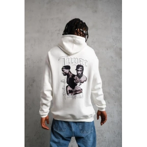 Erkek 3 İplik Pamuklu Kapüşonlu Baskılı Cepli Oversize Sweatshirt Hoodie - Beyaz