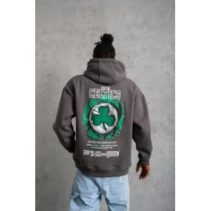 Erkek 3 İplik Pamuklu Kapüşonlu Baskılı Cepli Oversize Sweatshirt Hoodie - Gri