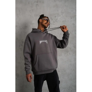 Erkek 3 İplik Pamuklu Kapüşonlu Baskılı Cepli Oversize Sweatshirt Hoodie - Gri