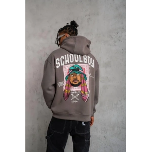 Erkek 3 İplik Pamuklu Kapüşonlu Baskılı Cepli Oversize Sweatshirt Hoodie - Gri