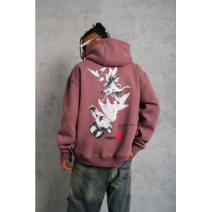 Erkek 3 İplik Pamuklu Kapüşonlu Baskılı Cepli Oversize Sweatshirt Hoodie - Gül Kurusu