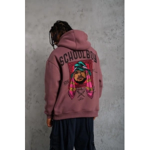 Erkek 3 İplik Pamuklu Kapüşonlu Baskılı Cepli Oversize Sweatshirt Hoodie - Gül Kurusu