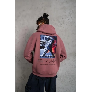 Erkek 3 İplik Pamuklu Kapüşonlu Baskılı Cepli Oversize Sweatshirt Hoodie - Gül Kurusu