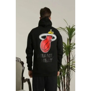 Erkek 3 İplik Pamuklu Kapüşonlu Baskılı Cepli Oversize Sweatshirt Hoodie - Siyah