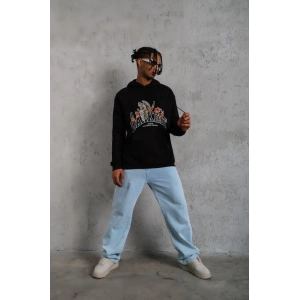 Erkek 3 İplik Pamuklu Kapüşonlu Baskılı Cepli Oversize Sweatshirt Hoodie - Siyah