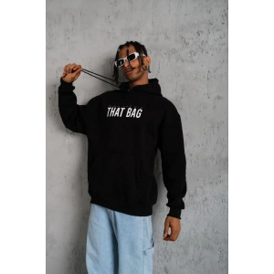 Erkek 3 İplik Pamuklu Kapüşonlu Baskılı Cepli Oversize Sweatshirt Hoodie - Siyah