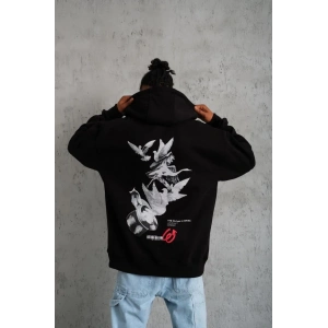 Erkek 3 İplik Pamuklu Kapüşonlu Baskılı Cepli Oversize Sweatshirt Hoodie - Siyah