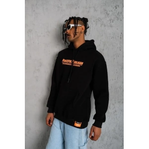 Erkek 3 İplik Pamuklu Kapüşonlu Baskılı Cepli Oversize Sweatshirt Hoodie - Siyah