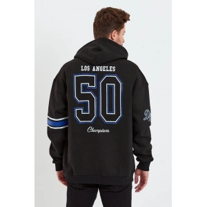 Erkek 3 İplik Pamuklu Kapüşonlu Baskılı Cepli Oversize Sweatshirt Hoodie - Siyah