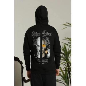 Erkek 3 İplik Pamuklu Kapüşonlu Baskılı Cepli Oversize Sweatshirt Hoodie - Siyah