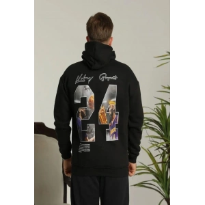 Erkek 3 İplik Pamuklu Kapüşonlu Baskılı Cepli Oversize Sweatshirt Hoodie - Siyah
