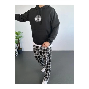 Erkek 3 İplik Pamuklu Kapüşonlu Baskılı Cepli Oversize Sweatshirt Hoodie - Siyah
