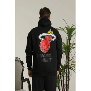 Erkek 3 İplik Pamuklu Kapüşonlu Baskılı Cepli Oversize Sweatshirt Hoodie - Siyah