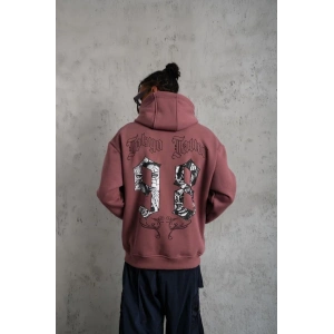 Erkek 3 İplik Pamuklu Kapüşonlu Baskılı Cepli Sweatshirt Hoodie - Gül Kurusu