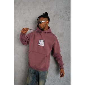 Erkek 3 İplik Pamuklu Kapüşonlu Baskılı Cepli Sweatshirt Hoodie - Gül Kurusu