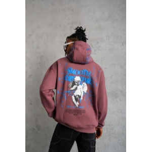 Erkek 3 İplik Pamuklu Kapüşonlu Baskılı Cepli Sweatshirt Hoodie - Gül Kurusu