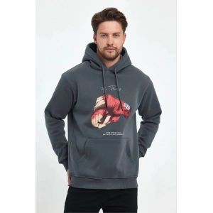 Erkek 3 İplik Pamuklu Kapüşonlu Cepli Boks Eldiven Baskılı Hoodie Sweatshirt - Füme