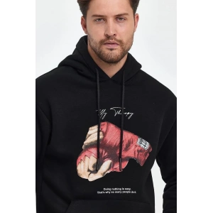 Erkek 3 İplik Pamuklu Kapüşonlu Cepli Boxy Eldiven Baskılı Hoodie Sweatshirt - Siyah