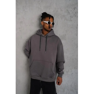 Erkek 3 İplik Pamuklu Kapüşonlu Kanguru Cepli Sweatshirt Hoodie - Gri