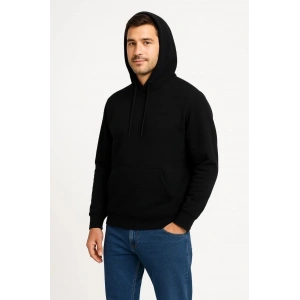 Erkek 3 İplik Pamuklu Kapüşonlu Kanguru Cepli SweatShirt hoodie - Siyah