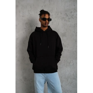 Erkek 3 İplik Pamuklu Kapüşonlu Kanguru Cepli Sweatshirt Hoodie -  Siyah