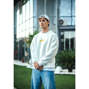 Erkek 3 iplik pamuklu Kışlık Bisiklet Yaka Baskılı SweatShirt - Beyaz