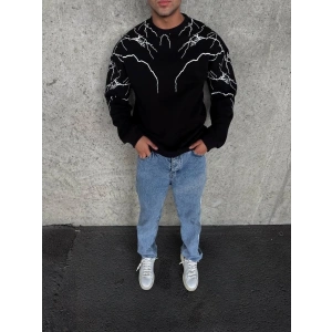 Erkek 3 iplik pamuklu Yıldırım Baskılı Bisiklet Yaka SweatShirt - Siyah