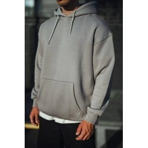 Erkek 3 İplik Penye Kapüşonlu Basic SweatShirt Hoodie - Boyalı Gri