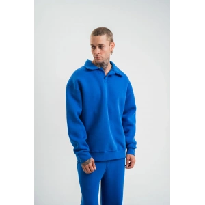 Erkek Açık Yakalı Oversize 3 İplik Pamuklu Sweatshirt - Mavii