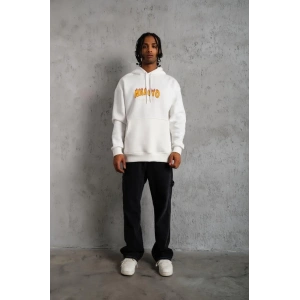 Erkek Baskılı Kapüşonlu 3 iplik pamuklu hoodie Sweatshirt - Beyaz