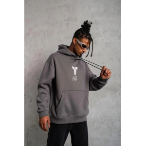 Erkek Baskılı Kapüşonlu 3 iplik pamuklu Hoodie Sweatshirt - Gri