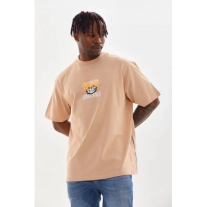 Erkek Baskılı T-Shirt Kısa Kol Bisiklet Yaka Rahat Kalıp Tişört - Bej