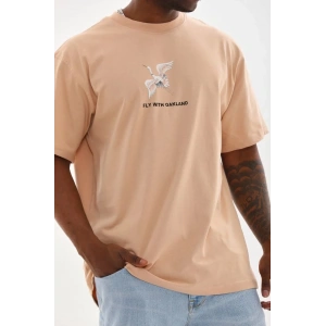 Erkek Baskılı T-Shirt Kısa Kol Bisiklet Yaka Rahat Kalıp Tişört - Bej