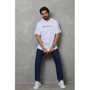 Erkek Baskılı T-Shirt Kısa Kol Bisiklet Yaka Regular Fit Tişört - Beyaz