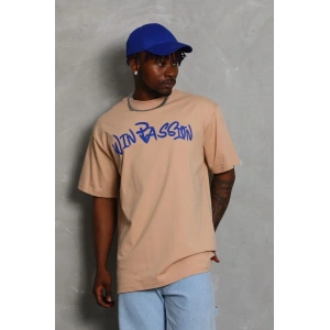 Erkek Baskılı Tişört Kısa Kol Bisiklet Yaka Oversize T-Shirt - Bej