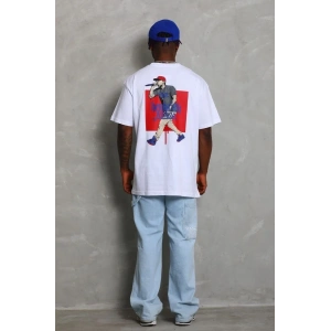 Erkek Baskılı Tişört Kısa Kol Bisiklet Yaka Oversize T-Shirt - Beyaz