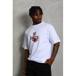 Erkek Baskılı Tişört Kısa Kol Bisiklet Yaka Oversize T-Shirt - Beyaz