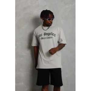 Erkek Baskılı Tişört Kısa Kol Bisiklet Yaka Oversize T-Shirt - Gri